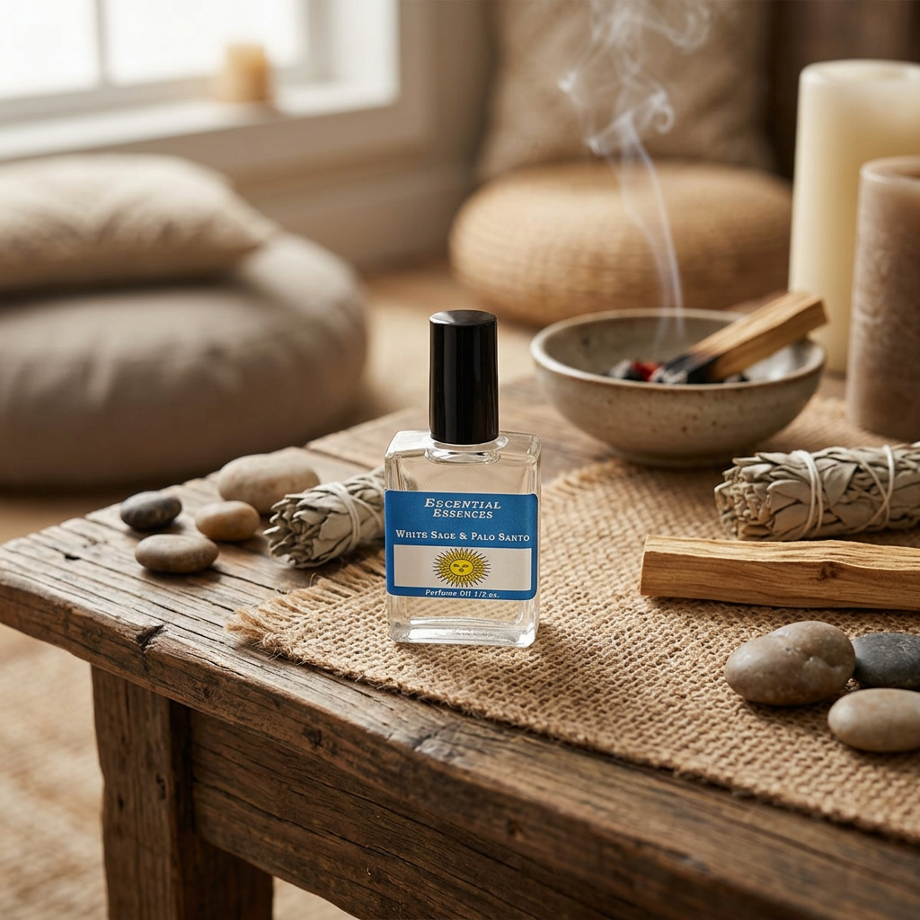 Full-body scene of a 1/2oz white sage and Palo Santo essential oil bottle on a rustic altar with calming decor and indoor lighting.