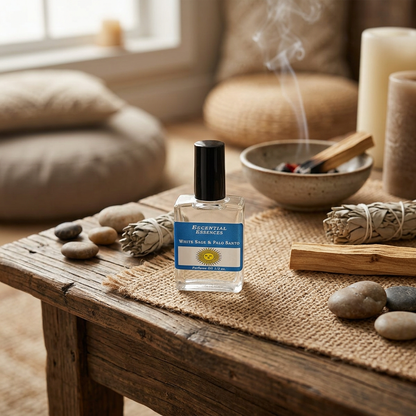 Full-body scene of a 1/2oz white sage and Palo Santo essential oil bottle on a rustic altar with calming decor and indoor lighting.