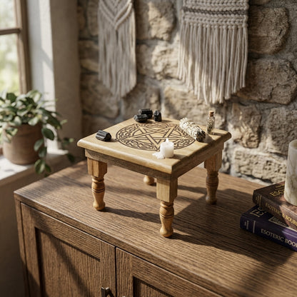 Full scene of the altar table in a tranquil room, adorned with crystals, candles, and herbs, emphasizing grounding and protection.