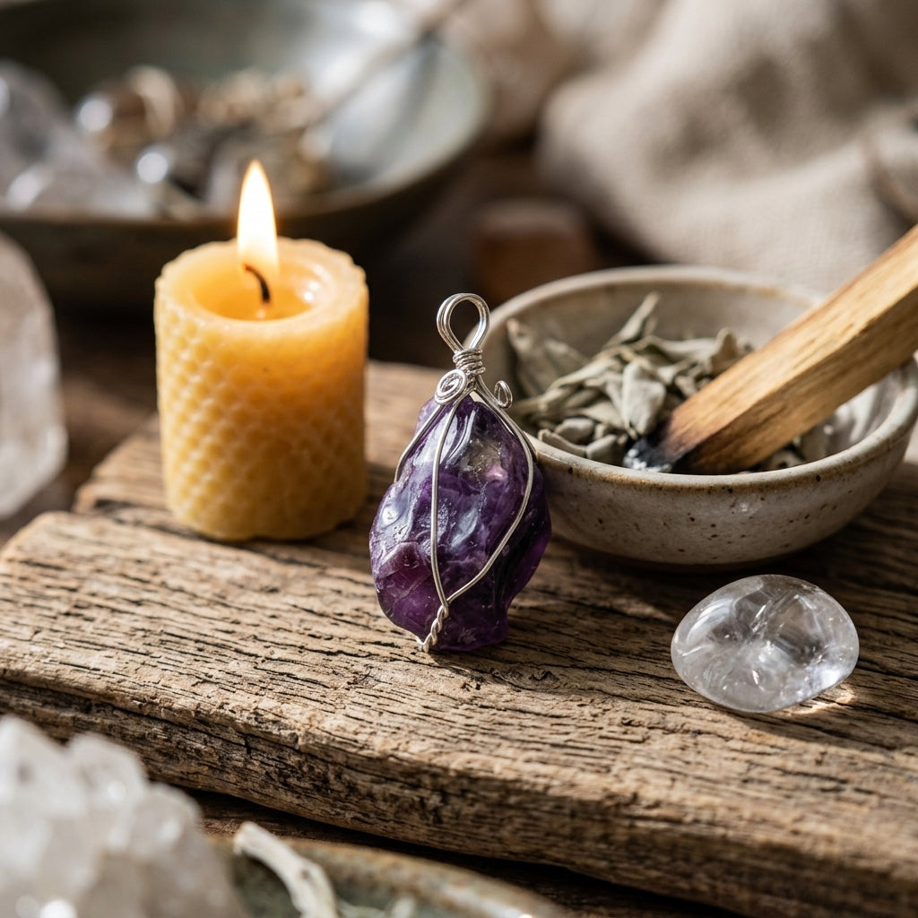 Detailed scene of a tiny amethyst wire wrapped pendant on a ritual altar with candles and sage, creating a peaceful spiritual atmosphere.