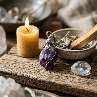 Detailed scene of a tiny amethyst wire wrapped pendant on a ritual altar with candles and sage, creating a peaceful spiritual atmosphere.