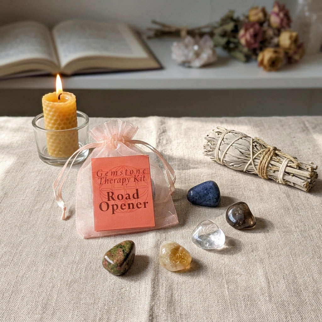 Gemstone set arranged with ritual tools on textured cloth in a sacred workspace, featuring warm lighting and mystical decor.