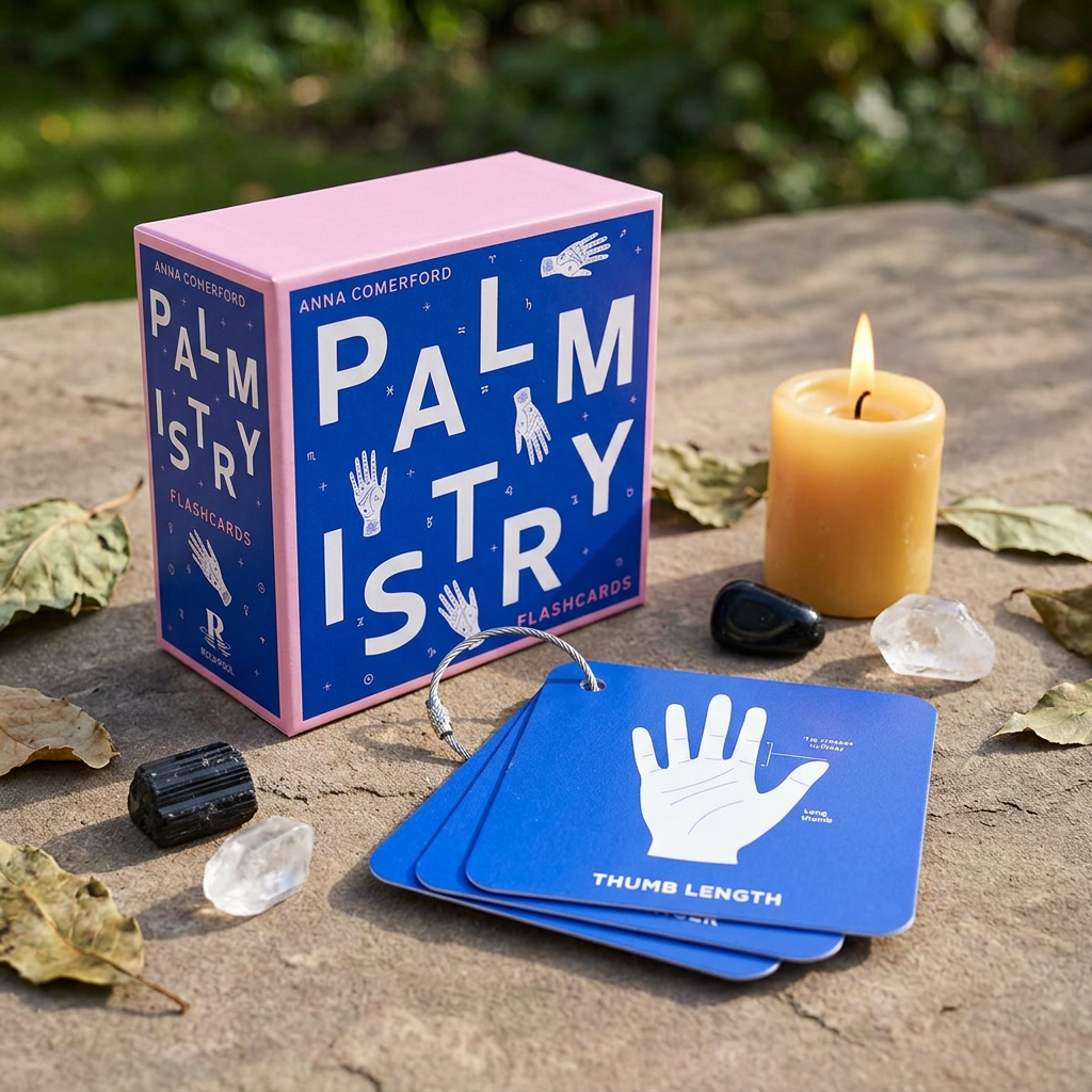 Photorealistic view of stacked Palmistry Flashcards by Anna Comerford on a stone surface outdoors, surrounded by leaves, crystals, and candles in natural sunlight.