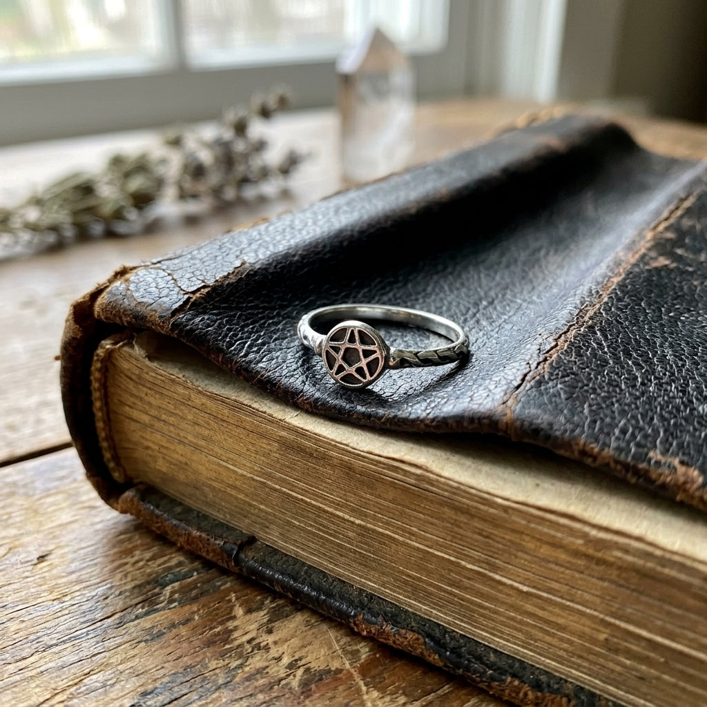 Sterling silver pentagram ring size 5 displayed on a weathered leather-bound book, emphasizing intricate rope detail and craftsmanship.