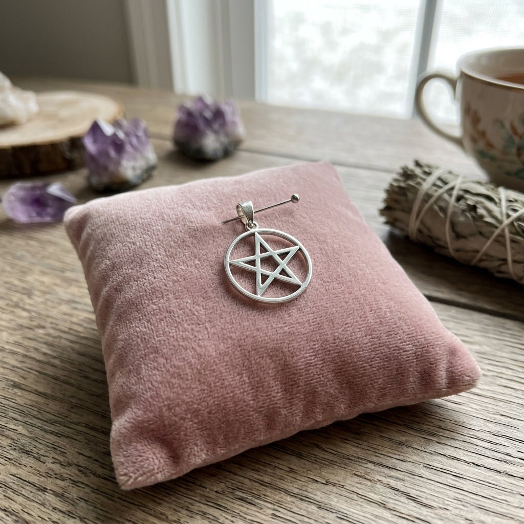 Small sterling silver pentagram pendant pinned on pastel velvet cushion, creating a calm and protective spiritual scene.