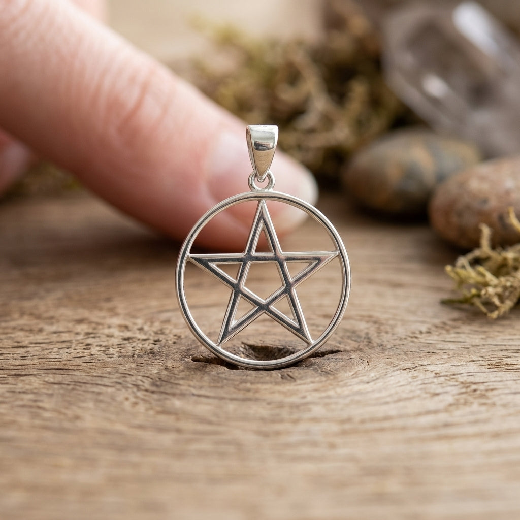 Sterling silver pentagram pendant resting on natural wooden surface, highlighting intricate design and subtle grain texture.