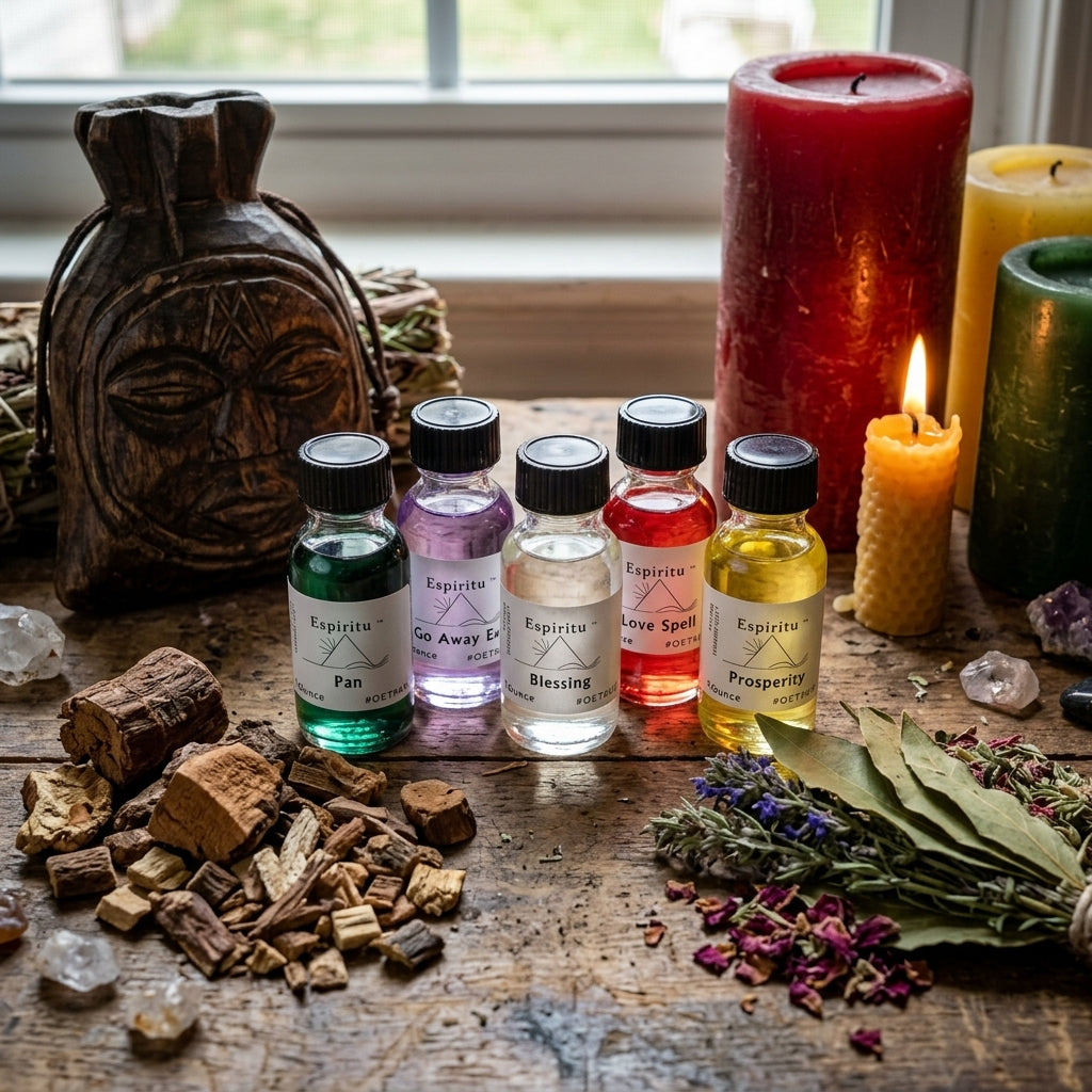 Still life with High John the Conqueror Oil bottle, mojo bag, root chips, and candle arranged on textured fabric for Hoodoo ritual.