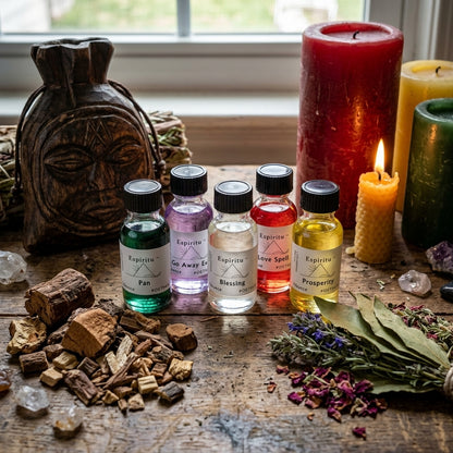 Still life with High John the Conqueror Oil bottle, mojo bag, root chips, and candle arranged on textured fabric for Hoodoo ritual.