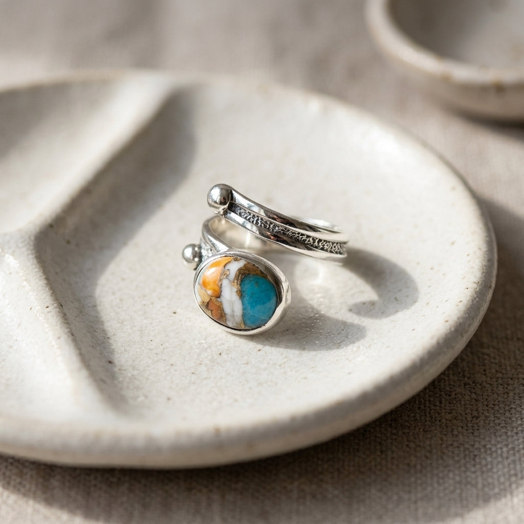 Studio image of size 6 turquoise spiny oyster ring on textured white dish, emphasizing vibrant colors and handcrafted details.