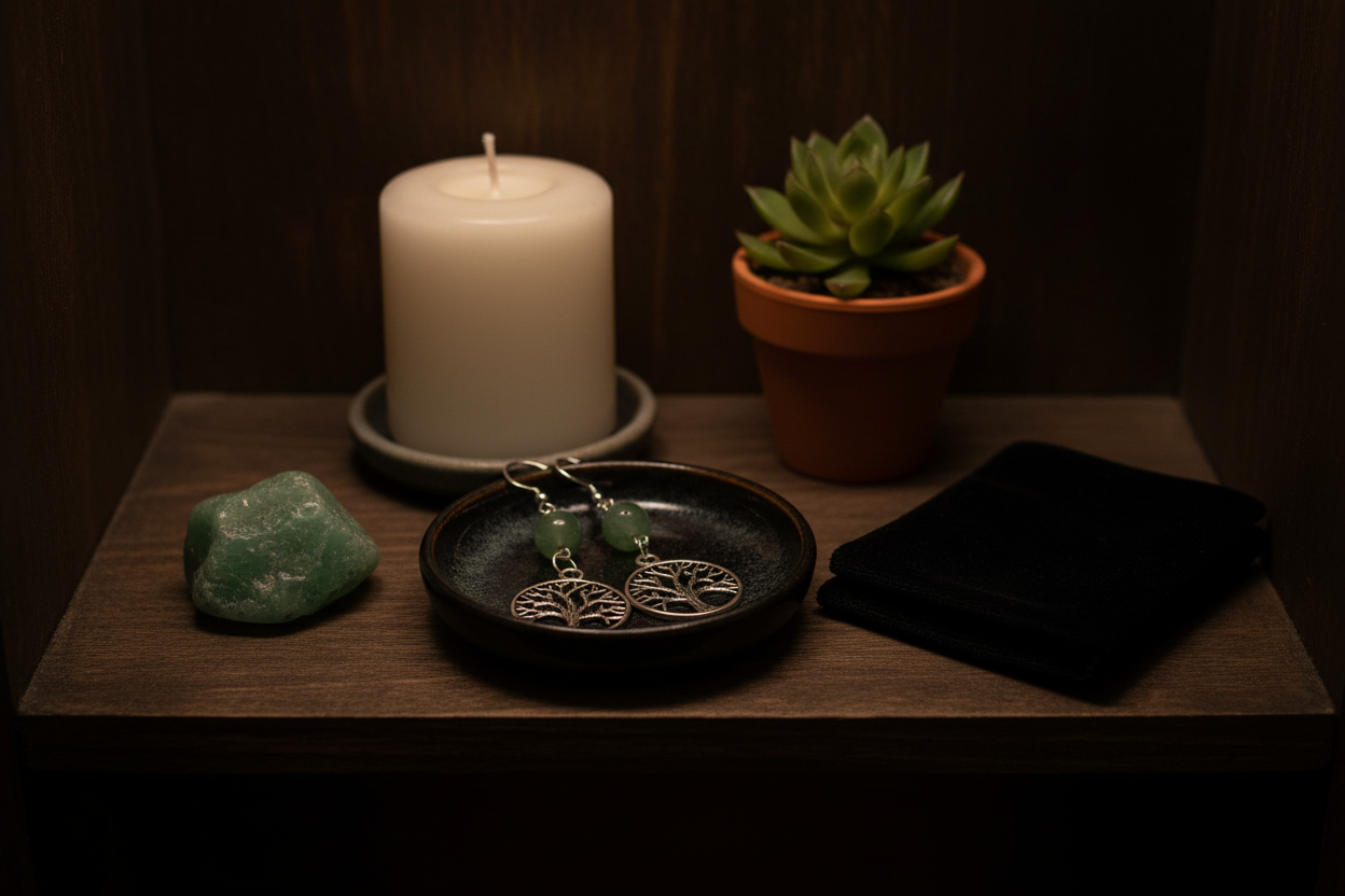 Green Aventurine Tree of Life earrings, detail view