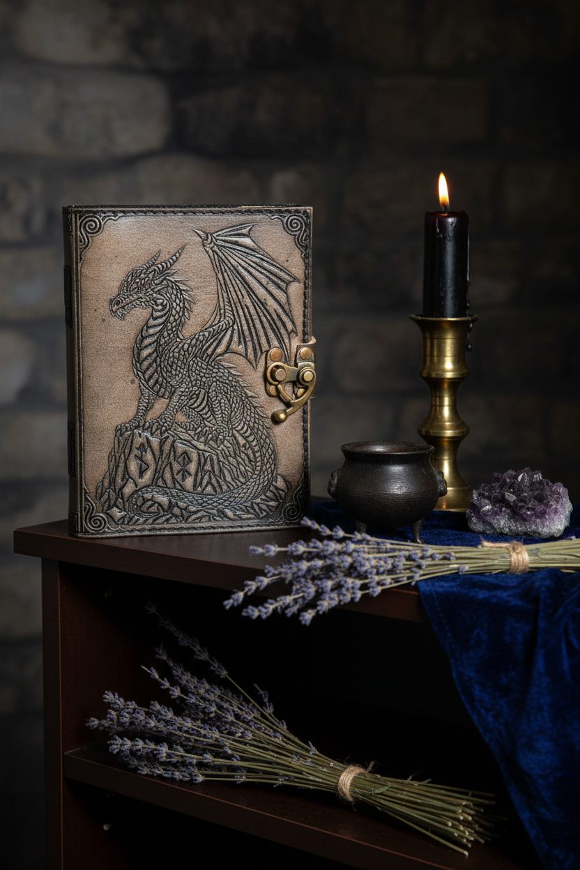 Dragon on Rock Leather Journal with Latch, detail view
