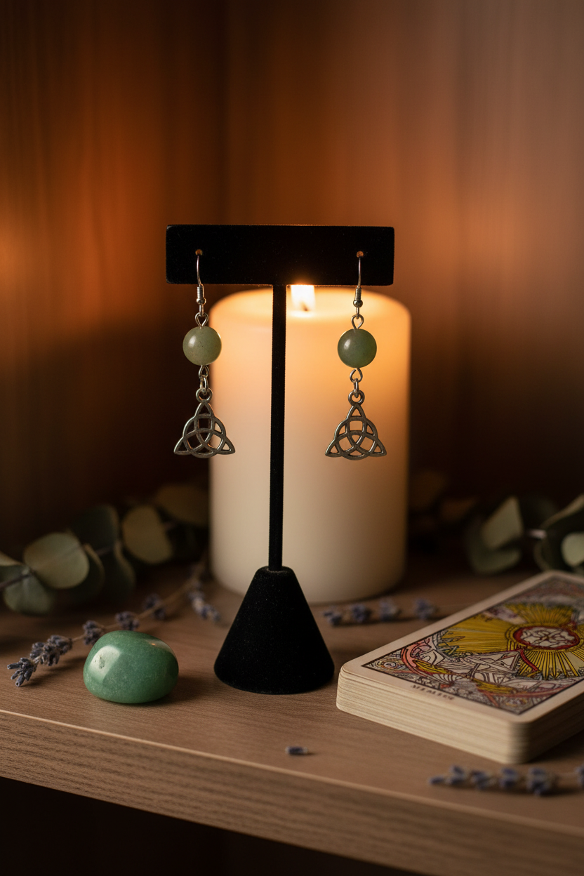 Green Aventurine Triquetra earrings, shown in use