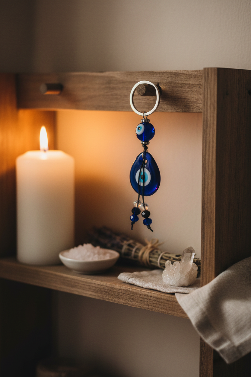 Evil Eye Keychain, Blue Glass, shown in use