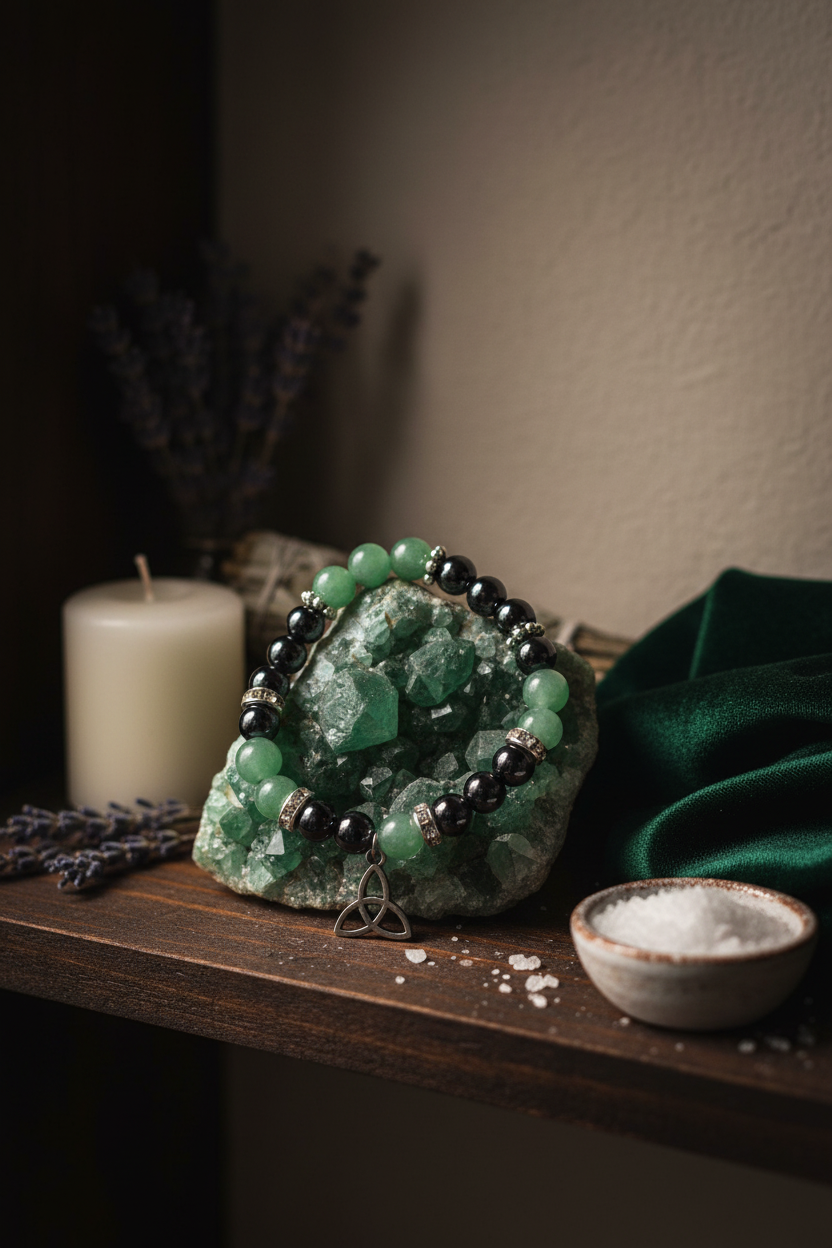 Green Aventurine Hematite Triquetra Bracelet, 8mm, detail view
