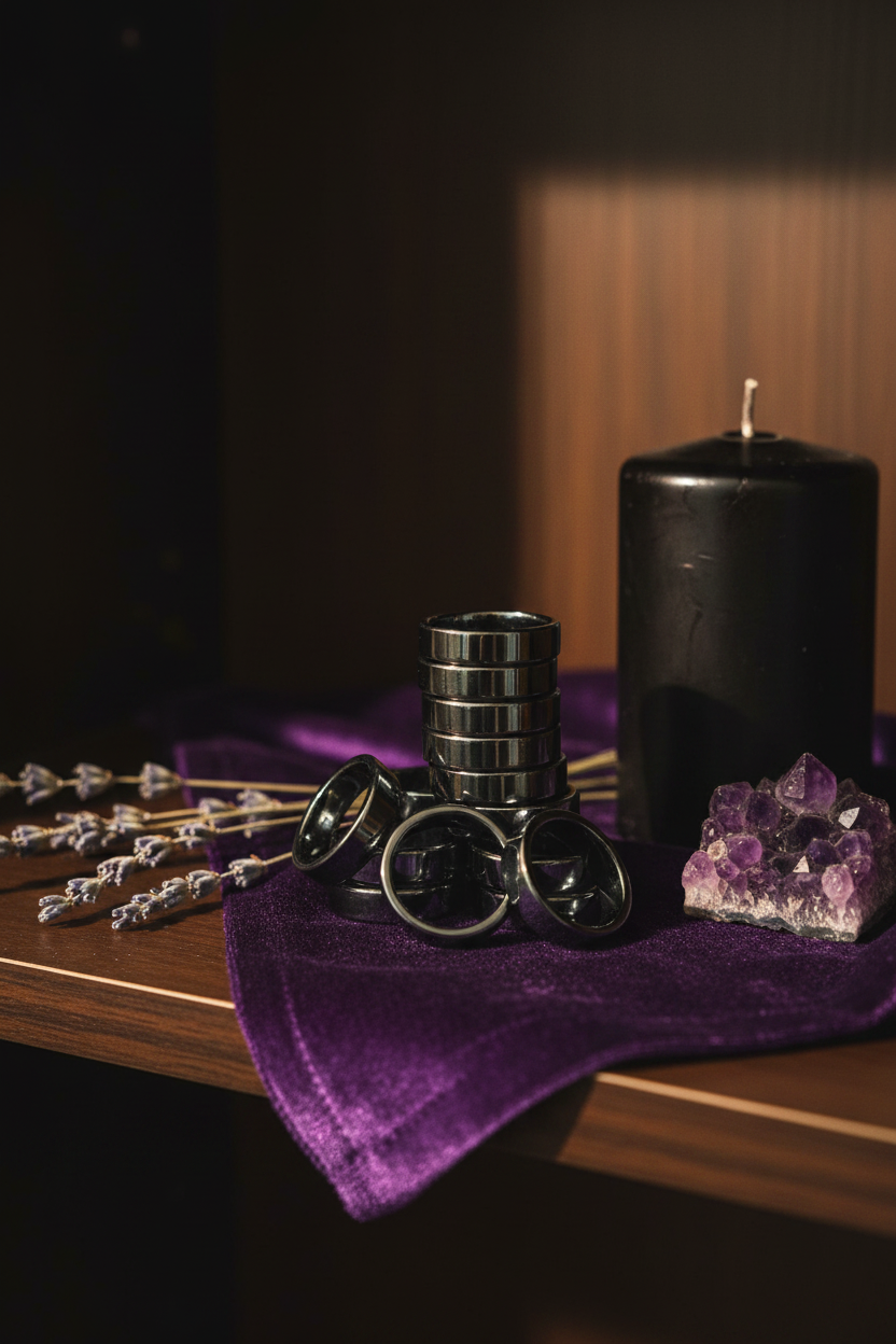 Flat Hematite Rings. bulk set, 100 Rings, shown in use