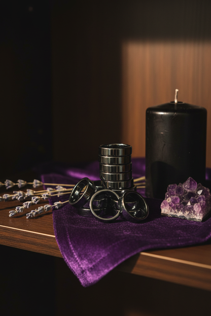 Flat Hematite Rings. bulk set, 100 Rings, shown in use