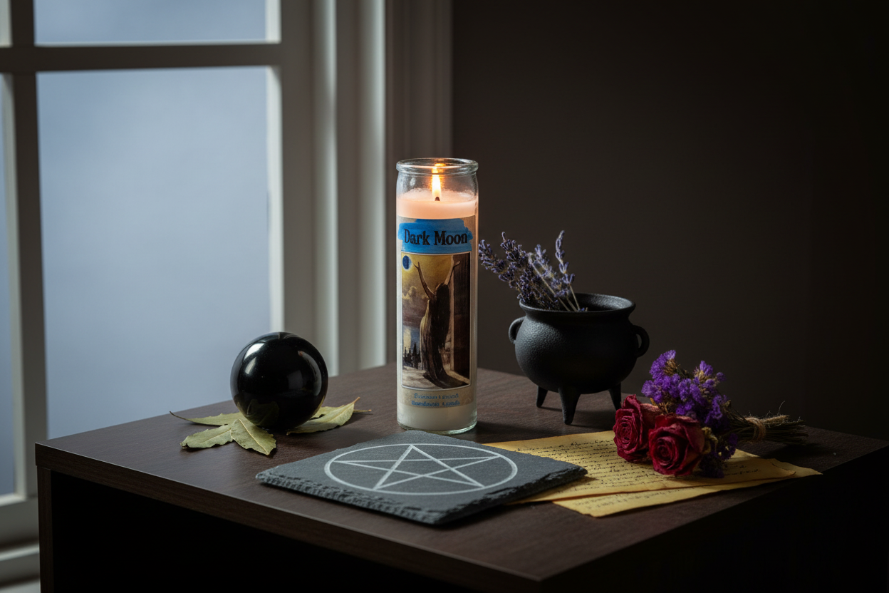 Dark Moon aromatic jar candle, shown in use