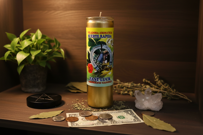 Fast Luck Gold (Suerte Rapida) aromatic jar candle, detail view