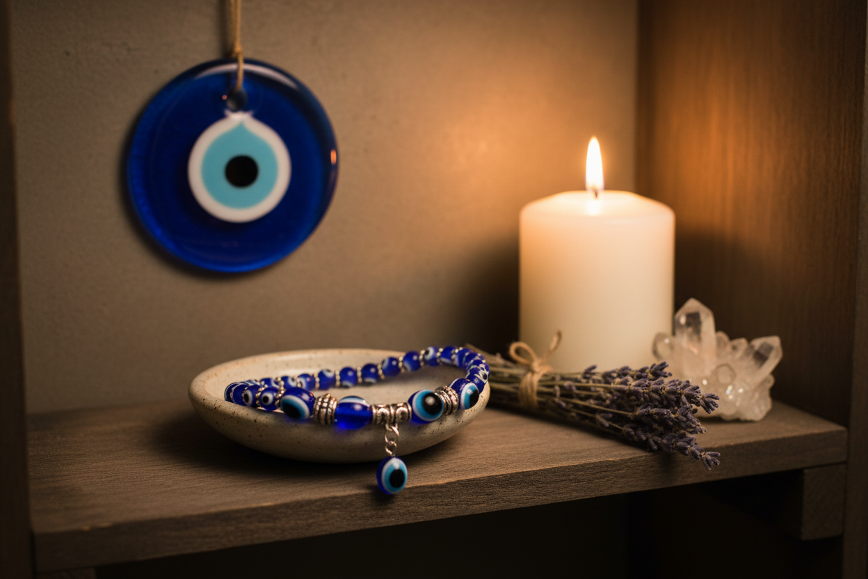 Evil Eye Anklet, Blue Beaded, shown in use