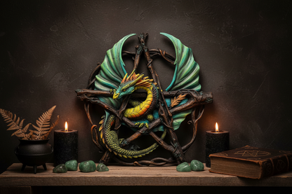 Forest Pentagram Dragon Wall Plaque 13", detail view