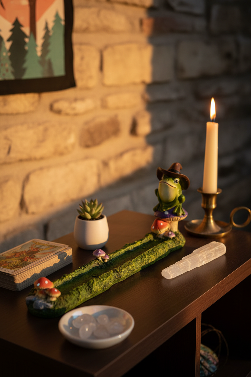 Frog Mushroom Incense Burner, 10", shown in use