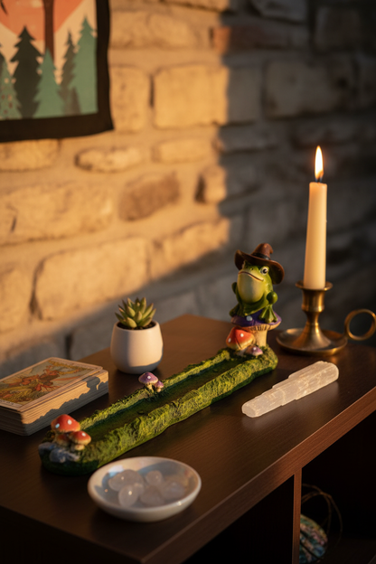 Frog Mushroom Incense Burner, 10", shown in use