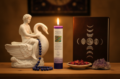 Creativity Reiki Charged pillar candle, detail view