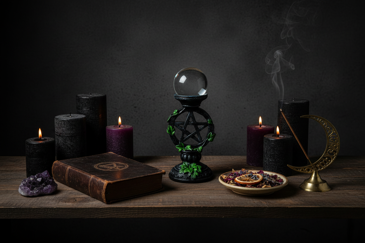 Clear Gazing Ball with Pentagram Stand, 50mm, 7 Inch Tall, detail view