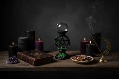 Clear Gazing Ball with Pentagram Stand, 50mm, 7 Inch Tall, detail view