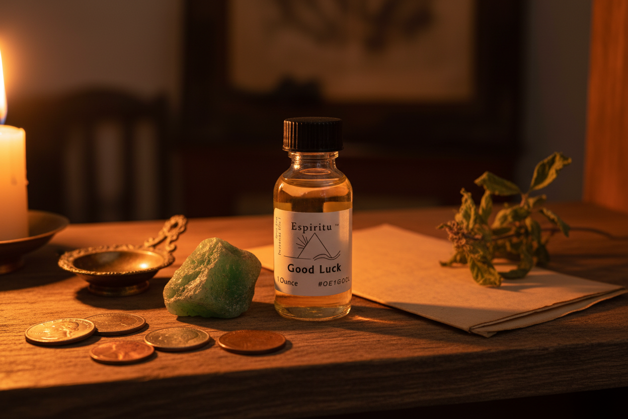 Good Luck Oil by Espiritu, 1 oz, shown in use