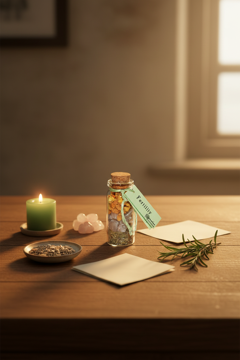 Fertility Pocket Spellbottle, 2 Inches, shown in use