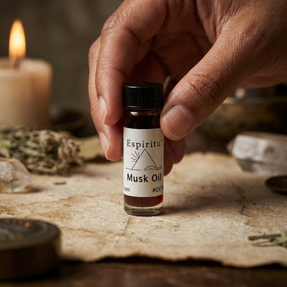 Hyper-realistic scene of musk oil bottle on aged altar cloth with ritual objects and warm lighting.