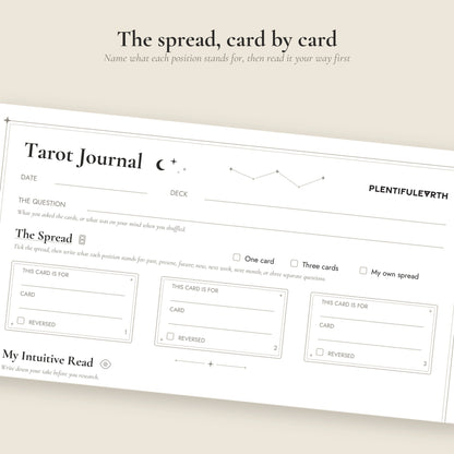 Close-up of the spread row and three card slots on the Tarot Journal Page