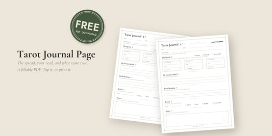 Free Tarot Journal Page fillable PDF, two copies fanned on a linen background