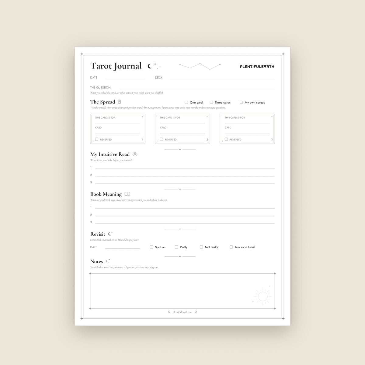 Tarot Journal Page fillable PDF, full page view