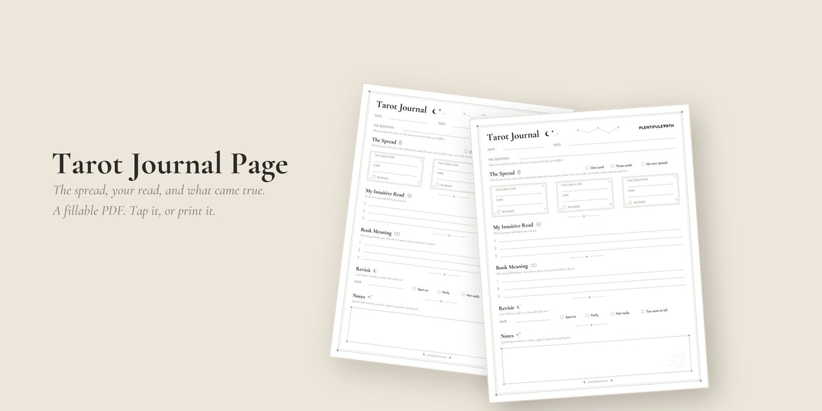 Tarot Journal Page fillable PDF, two copies fanned on a linen background