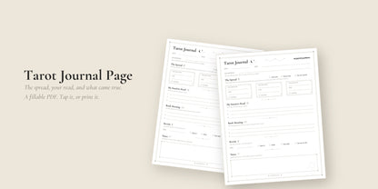 Tarot Journal Page fillable PDF, two copies fanned on a linen background