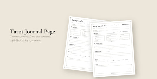 Tarot Journal Page fillable PDF, two copies fanned on a linen background