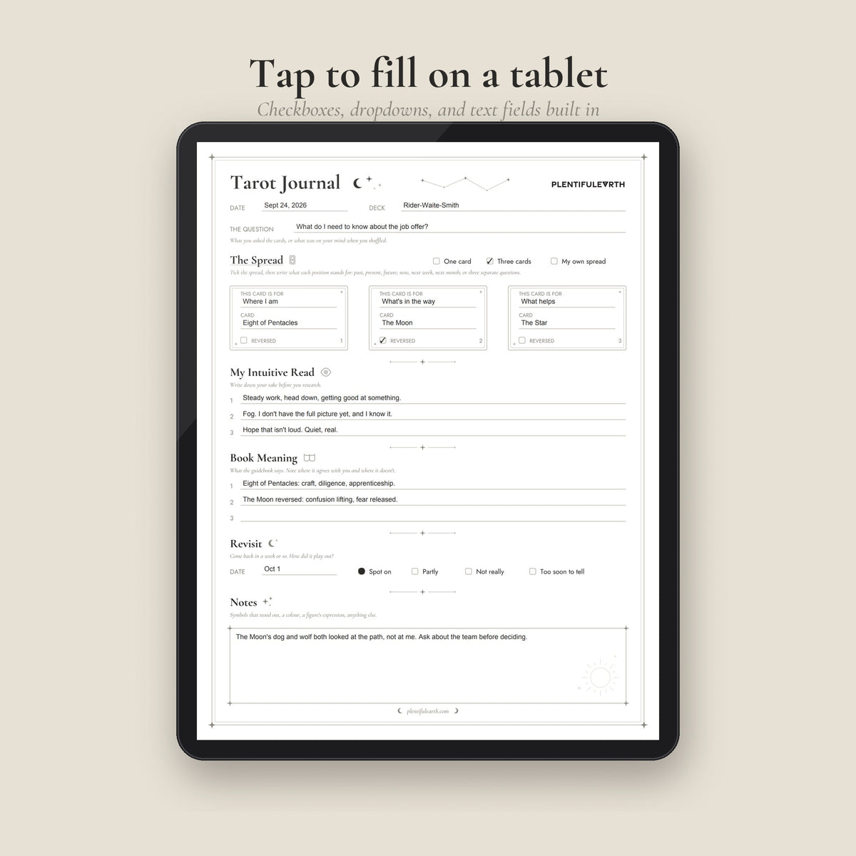 Tarot Journal Page filled in on a tablet, a three-card spread with positions labelled