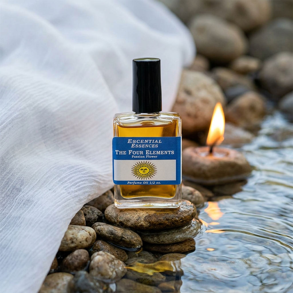 Close-up of perfume oil bottle with textured earthy background of stones, fabric, and water ripples, highlighting the glass material and label details.