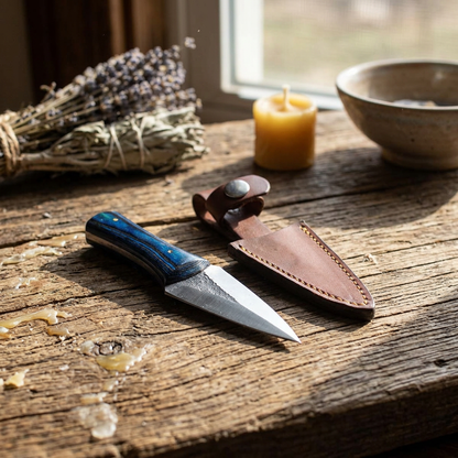 Close-up of a 6 ½' arrowhead athame resting on textured wooden altar with natural sunlight highlighting its details.