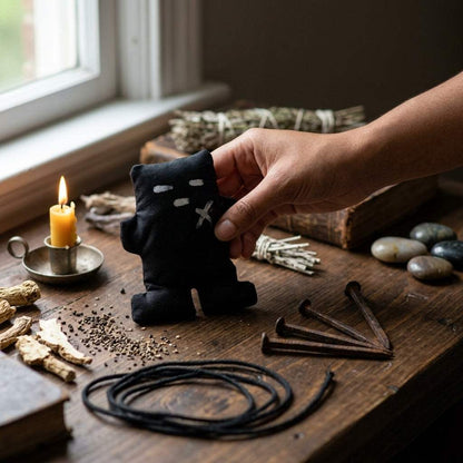 Miniature black voodoo doll made of fabric placed on dark wooden surface with natural daylight highlighting craftsmanship.