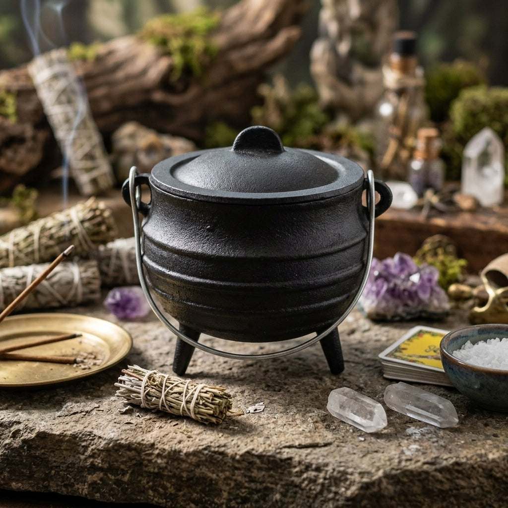 Small cast iron cauldron on natural stone altar, surrounded by herbs and crystals, emphasizing protection and spiritual cleansing scene.