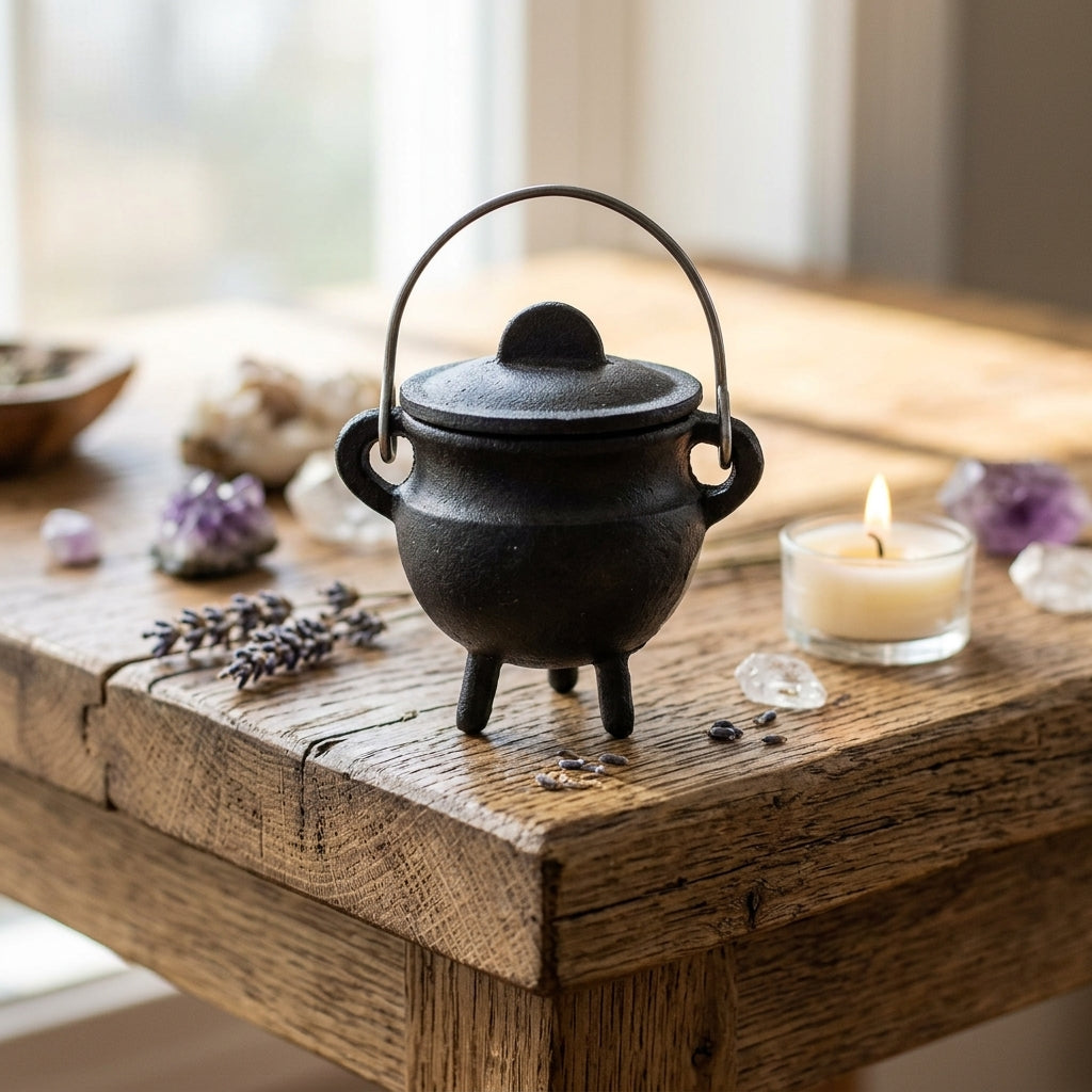 Small cast iron cauldron with lid on rustic wooden altar, surrounded by herbs and candles, captured in natural sunlight for an authentic ritual scene.