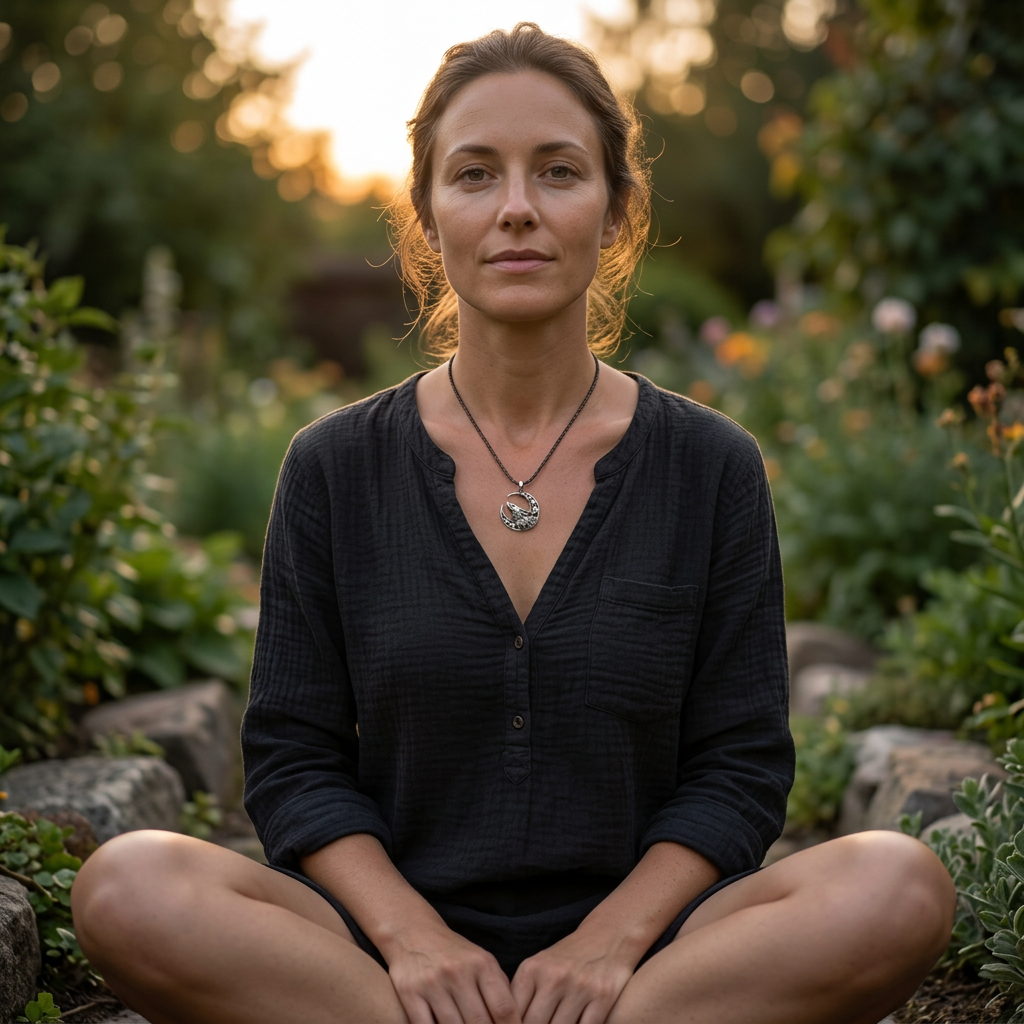 Detailed full-body shot of a person wearing the petite celestial amulet on a delicate cord, sitting outdoors at dusk with natural warm lighting.