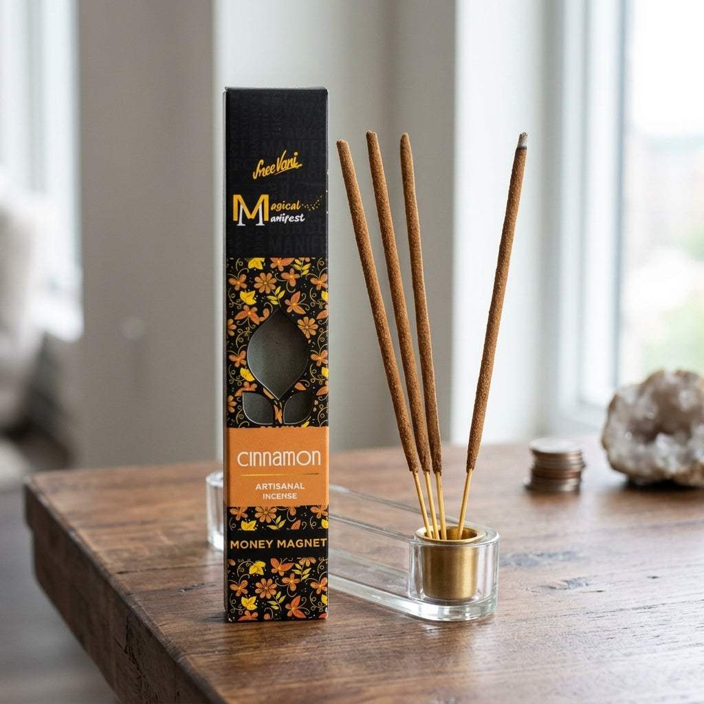 Small cinnamon incense stick in a glass holder on a reflective metal surface in a modern interior with natural light.