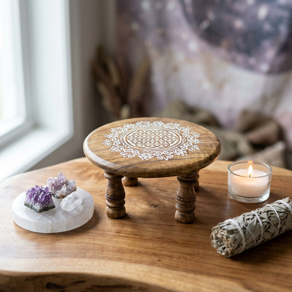 Close-up of a 6-inch Flower of Life altar table with intricate carved sacred geometry in high-quality wood, set indoors with soft, natural lighting.