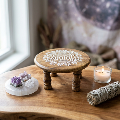 Close-up of a 6-inch Flower of Life altar table with intricate carved sacred geometry in high-quality wood, set indoors with soft, natural lighting.