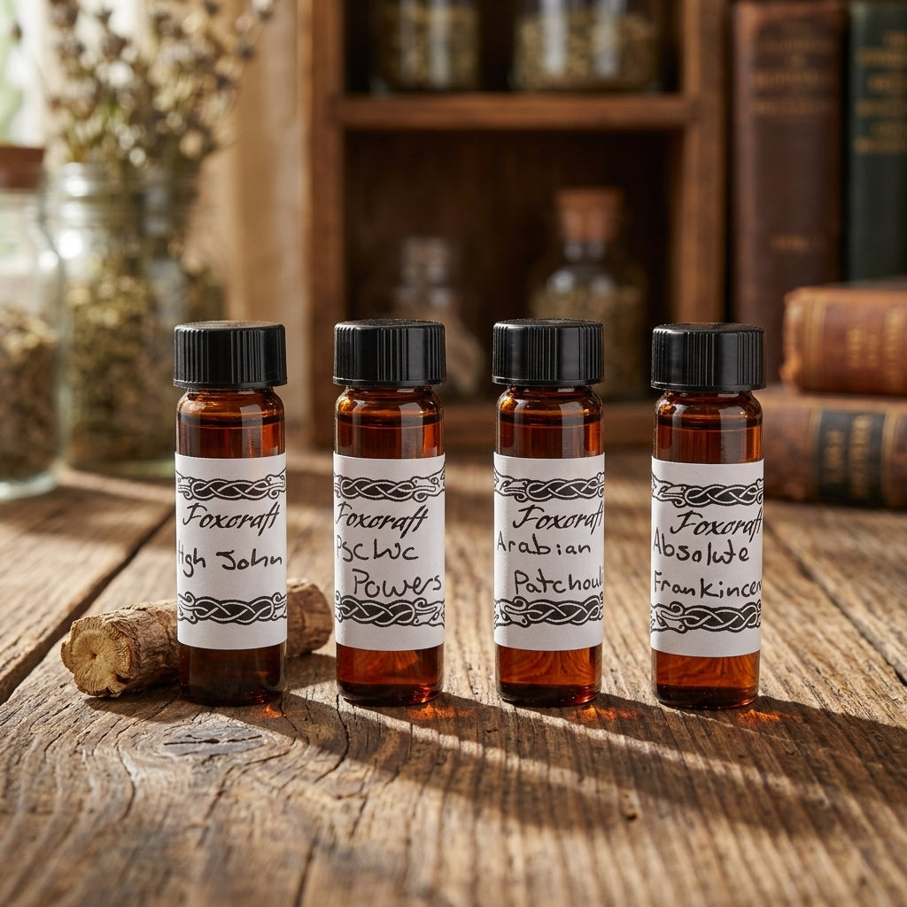 Close-up of a 2-dram High John the Conqueror Oil bottle resting on a natural wooden surface, highlighting micro-texture details and portability.