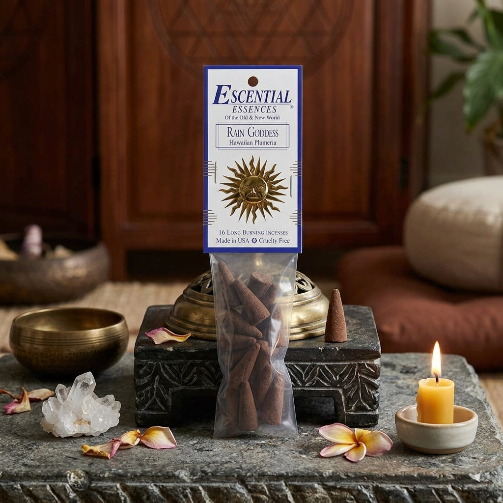 Photorealistic tiny incense cone with gentle flame on polished wooden altar, in a serene ritual space with soft natural lighting.